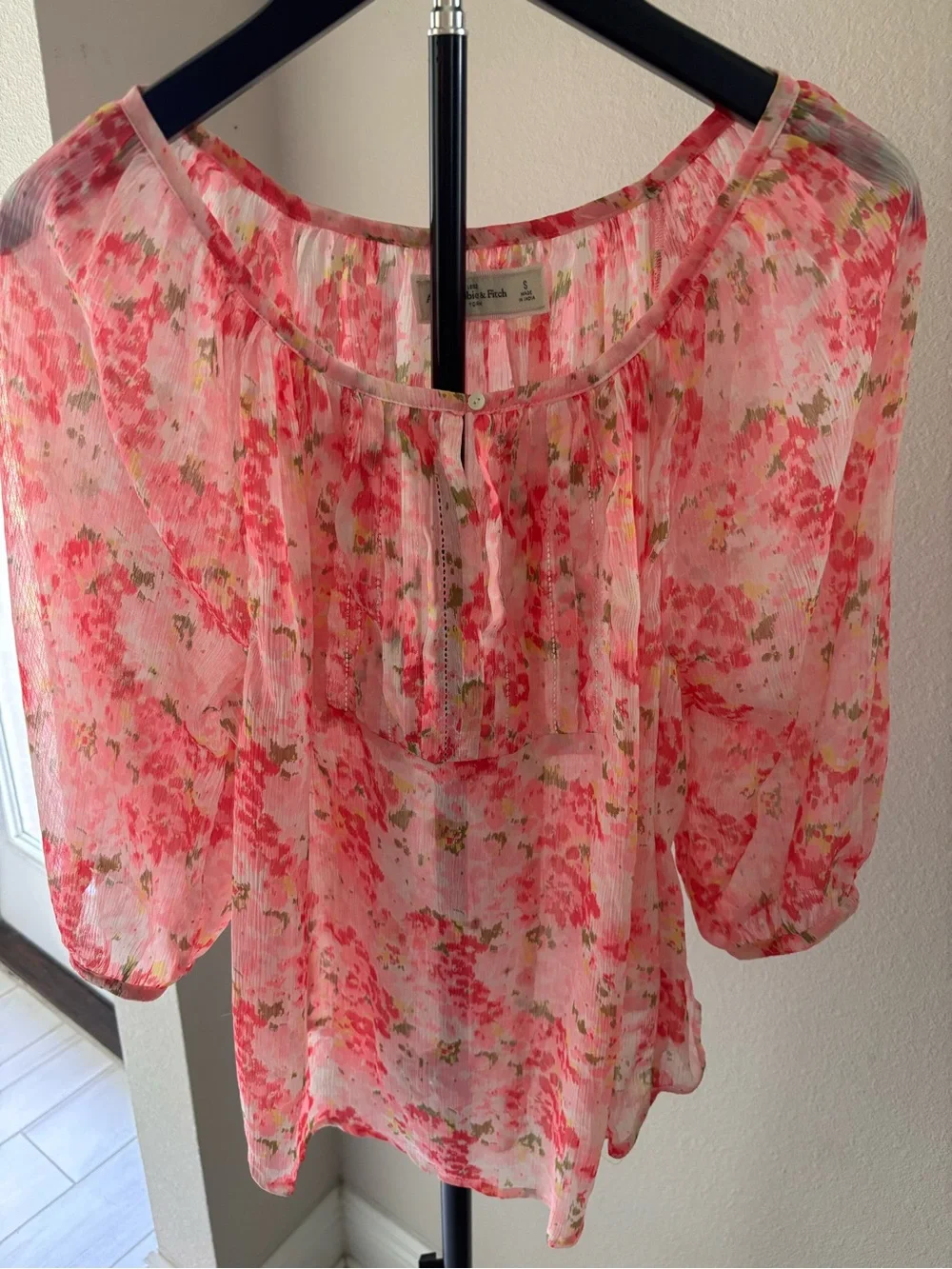 Abercrombie & Fitch Pink Floral Sheer Peasant Blouse
